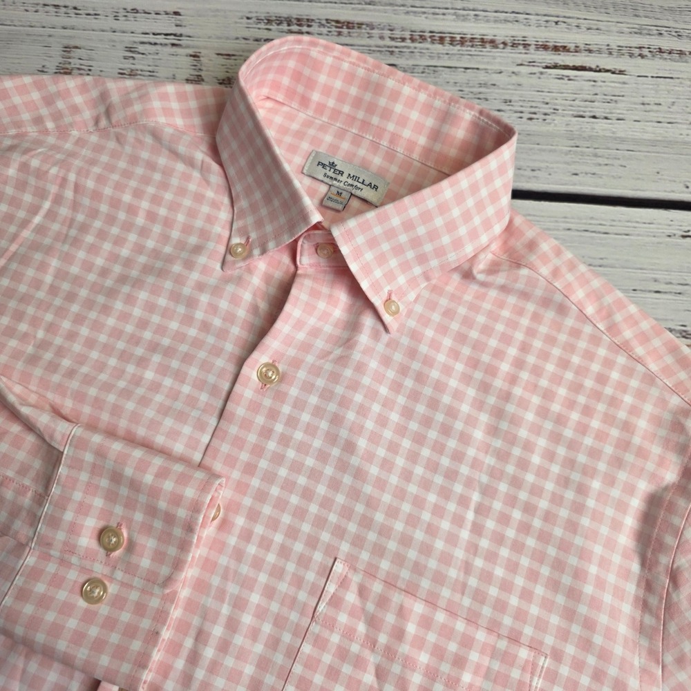 Peter Millar Summer Comfort Crown Natural Touch Medium Pink Gingham Button Shirt